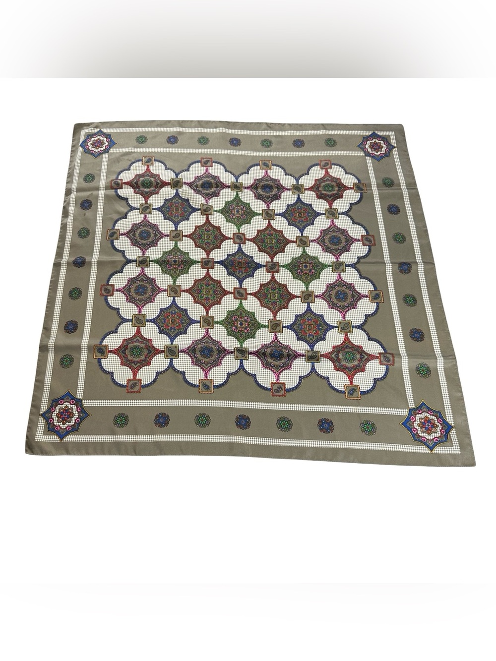 Decorative Olive Green Patterned Square Tablecloth - Multicolor Medallion Design